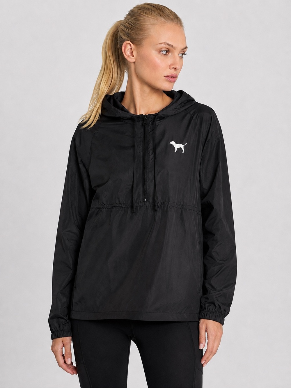 PINK Victoria’s Secret Black Half Zip Hooded Windbreaker Jacket Dog Logo M/L
